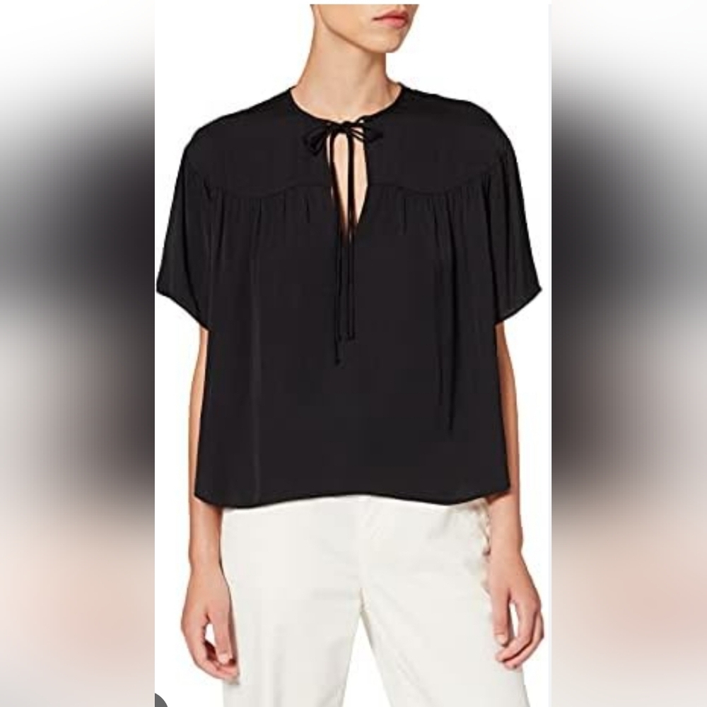 Scotch and Soda Black Tie Neck V Neck Flowy Blouse Size Small